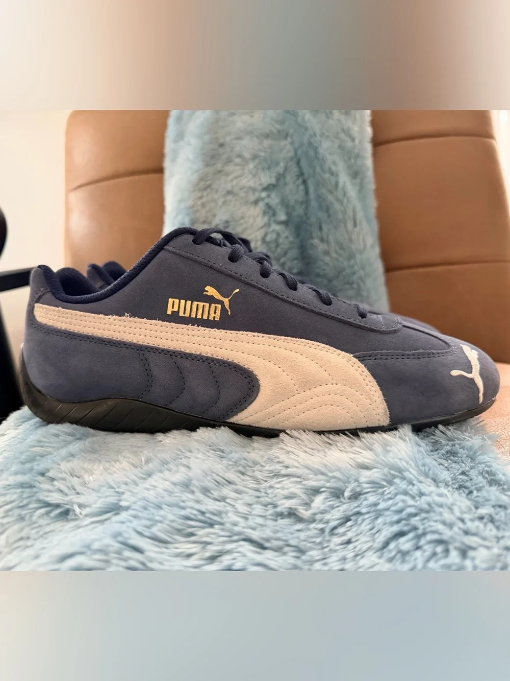 Puma Navy and Cream Suede Low-Profile Sneakers